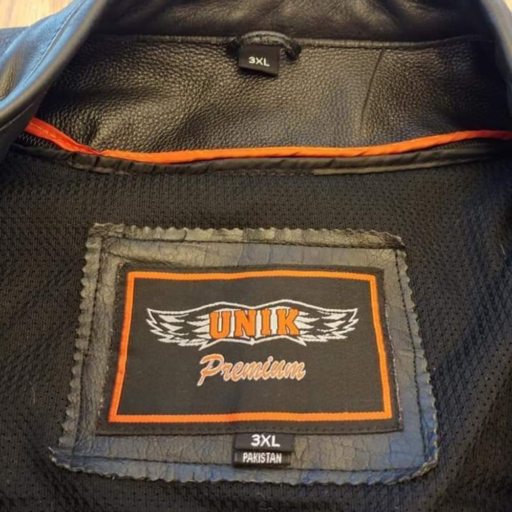 Black with orange leather coat